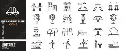 Minimal line infrastructure vector pack – roads, bridges, power, solar, traffic