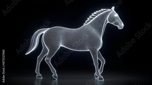 Neon Elegance – Wireframe Flamingo Sculpture with Glowing Pink Light on Dark Background, Abstract, Decorative, Futuristic, Nature, Art