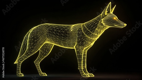 Cyber Canine – Wireframe Dog Illustration with Glowing Yellow Mesh on Dark Background, Abstract, Futuristic, Tech, Nature, Simulation