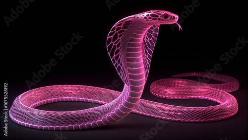 Neon Venom – Wire frame Cobra Illustration with Glowing Pink Mesh and Hooded Pose on Dark Background, Abstract, Futuristic, Nature, Tech, Simulation