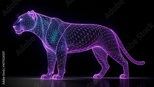 Neon Prowler – Wireframe Panther Illustration with Glowing Purple-Blue Mesh on Dark Background, Abstract, Futuristic, Nature, Tech, Simulation