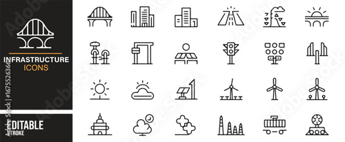 Urban infrastructure outline icons – city buildings, bridges, solar, traffic symbols