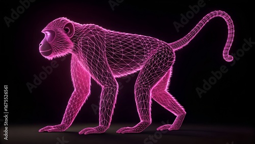 Neon Primate – Wireframe Monkey Illustration with Glowing Pink and Purple Mesh on Dark Background, Abstract, Futuristic, Nature, Tech, Simulation