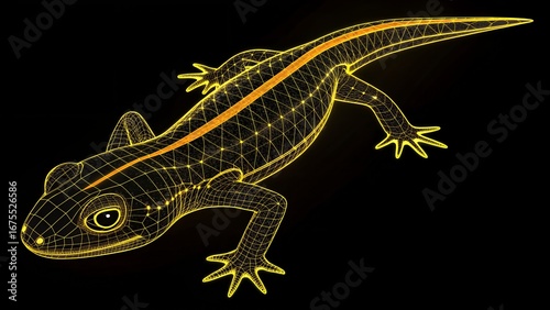 Digital Climber – Wire frame Gecko Illustration with Glowing Yellow Mesh and Orange Stripe, Abstract, Futuristic, Tech, Nature, Simulation