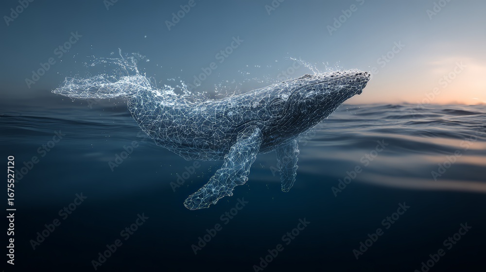 Naklejka premium A majestic whale swimming gracefully through serene ocean waters at sunset.