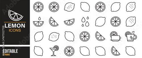 Lemon juice and cocktail outline icons – editable citrus vector pack