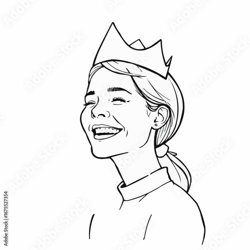A young woman wearing a crown, laughing happily.  