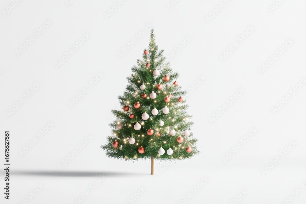 Fototapeta premium Minimalist christmas tree with red and white baubles for holiday celebration decor
