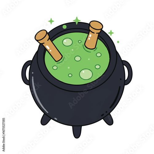 An overhead 2D flat vector illustration depicts a minimalist dark cauldron bubbling with a vibrant, glowing green potion, isolated on a clean white background.