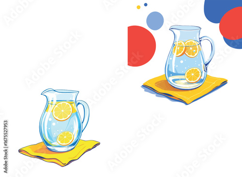 Vsai refreshing lemonade in glass pitcher on yellow napkin