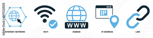 Set internet icon vector for global connectivity, web services, and online communication. This collection is ideal for illustrating digital networks, data transfer, and worldwide information access.