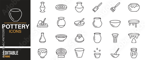 Traditional pottery art icons – clay wheel, bowls, jugs, vases outline set