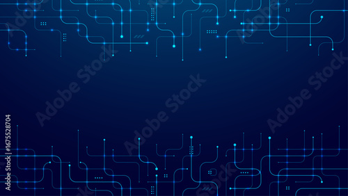 Futuristic circuit board design with flowing blue gradients, network connections, and minimalist semiconductor patterns for smart technology presentations.