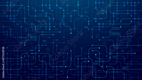 Technology background. Circuit board. AI chip, wires, and electronics components on a dark blue cover. Abstract tech pattern. Artificial Intelligence and Machine learning. Digital vector illustration