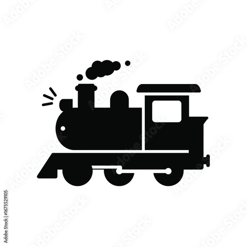 Classic black silhouette of a steam locomotive with smoke billowing from its chimney and a white outline