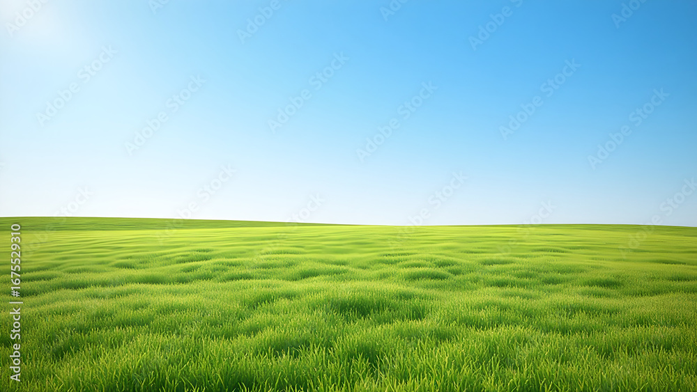 Naklejka premium Landscape view of green grass field with bright blue sky background.