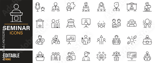 Editable set of icons for seminars and conferences, including discussions, presentations, and digital meetings.