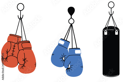 Boxing gloves and punching bag fitness illustration