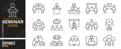 Collection of seminar-themed icons featuring speakers, audience, and group activities for conference and workshop designs.