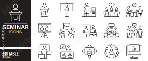 Vector icons for seminar events, including speakers, presentation boards, and group discussions for professional use.