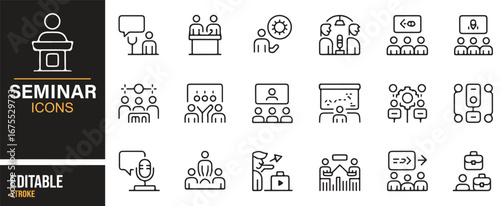 Editable icons representing various seminar elements such as speakers, discussions, and meetings for educational content.