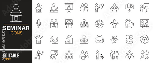 Set of vector icons depicting seminar-related activities like presentations, speakers, and group discussions for business events.