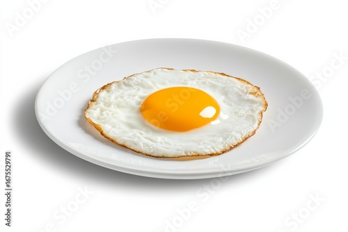 Minimalistic breakfast concept with sunny side up egg on white plate