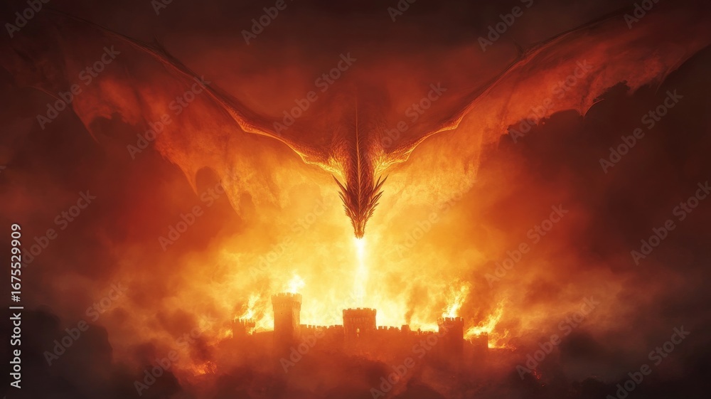 Obraz premium Majestic dragon soaring above medieval castle in epic fantasy scene