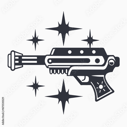 Futuristic Toy Gun Vector, SciFi Weapon Silhouette with Sparkles on White Background