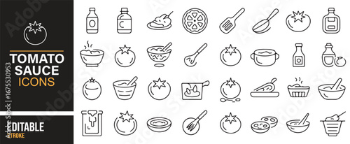 Vector illustrations of tomato-based dishes and cooking utensils for restaurant menus and food blogs.