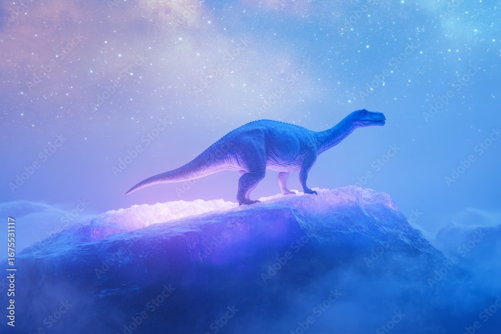 Fototapeta Surreal dinosaur in mystical landscape under starry sky