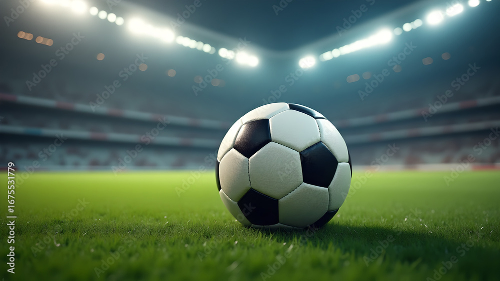 Fototapeta premium Classic soccer ball placed on a green grass field, stadium lights shining, sports photography
