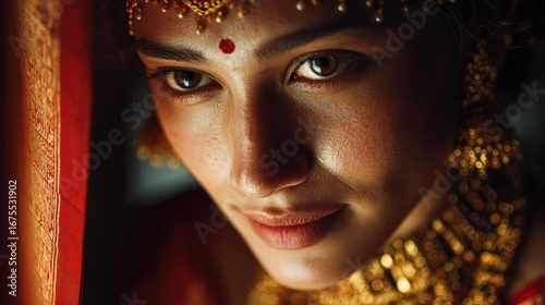 Close-up portrait of an Indian woman adorned in traditional jewelry