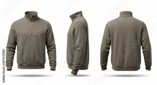 Three Views of a Mens Olive Green Quarter-Zip Sweatshirt with Pockets.