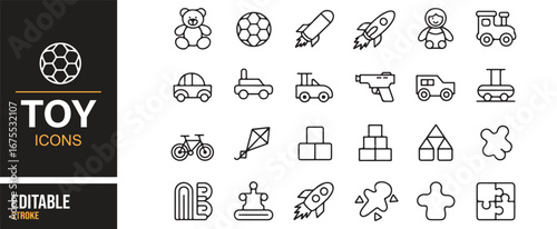 Set of playful icons representing various childhood toys like teddy bears, cars, and puzzles for kids' designs.