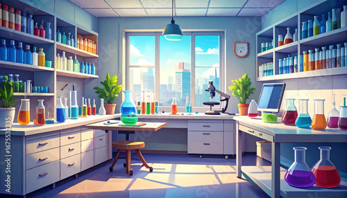 Glassware and equipment in modern lab. Bright laboratory with microscopes, plants. Laboratory workstations with test tubes. Chemical laboratory with microscope. Colorful liquids on laboratory shelves