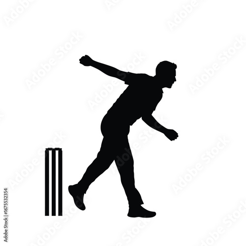 Cricket bowler in action with wickets sport game