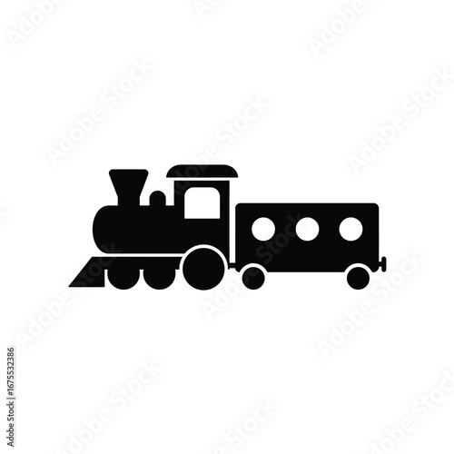 Simple black silhouette of a classic steam locomotive pulling a passenger carriage on a white background