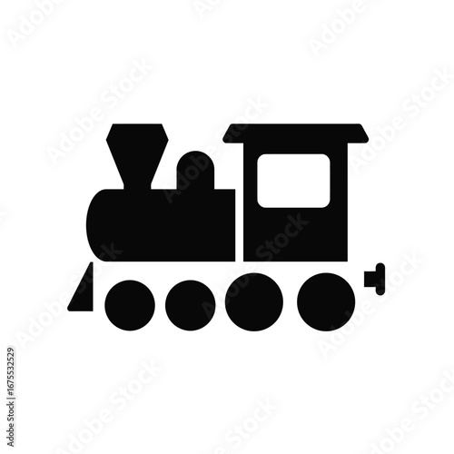 Simple silhouette of a classic steam locomotive engine with smoke stack and wheels isolated on white background