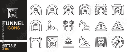 Engineering-themed icons for tunnel construction, safety precautions, and workers involved in excavation.