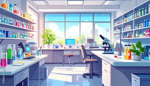 Bright modern science laboratory. Chemical experiment workspace. Laboratory with colorful liquids. Clean bright lab with microscope. Scientific research workspace