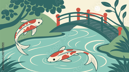 Serene Koi Pond: Japanese Garden Illustration, Tranquil Asian Landscape, Vintage Style Artwork, Two Koi Fish, Red Bridge, Peaceful Mood.