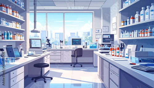  Professional laboratory with tech equipment. Modern research lab with labware and monitors. Science laboratory with computers and glassware. Contemporary laboratory with advanced tools