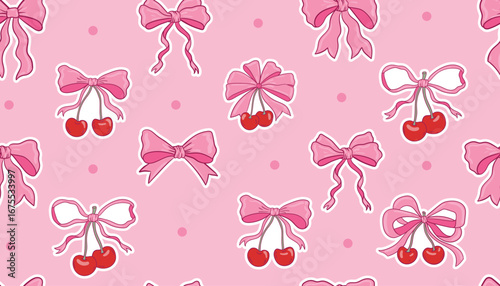 Seamless pattern of pink coquette ribbon bow design with cherries and dots.