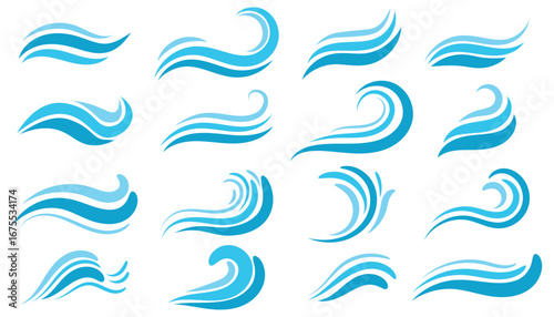 Set of water waves in flat cartoon style.