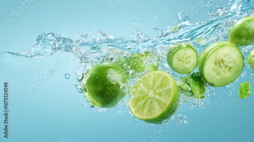 Fresh lime and cucumber slices splash in clear water, creating vibrant, refreshing visuals.