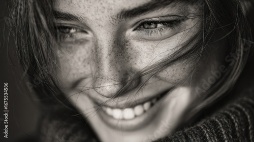 Intimate Portrait: A Smiling Woman with Freckles in Monochrome Expression
