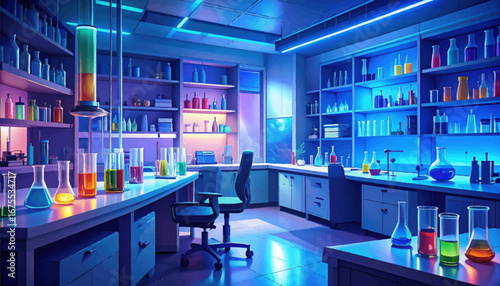 Modern lab with glowing chemical solutions. Futuristic lab with colorful liquids and glassware. Colorful laboratory filled with scientific tools. Neon laboratory full of glass flasks
