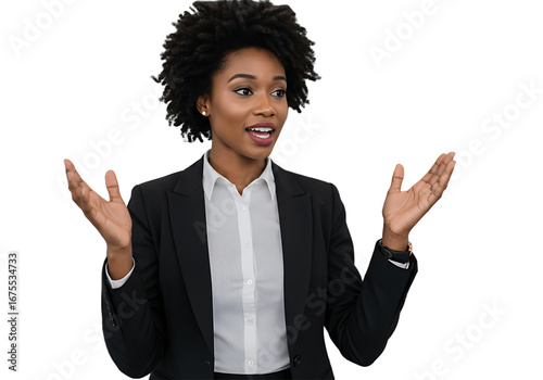Young african american businesswoman talking isolated on transparent background