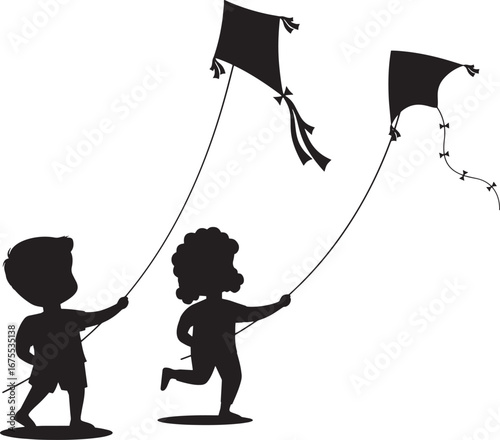 Windy Joy – Silhouette of Children Flying Kites Outdoors, Childhood, Leisure, Abstract, Play, Nature